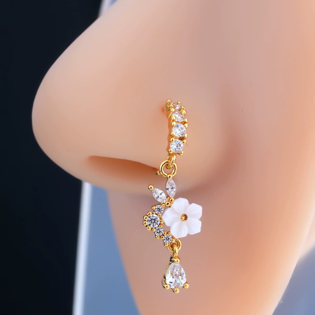 Body Jewelry Nose Ring - Gold Flower Nose Ring with Dangle
