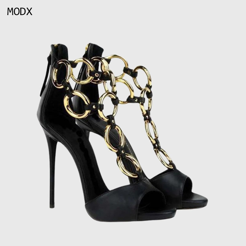 Body Jewelry Back - Women Black Leather Gold Chain Link