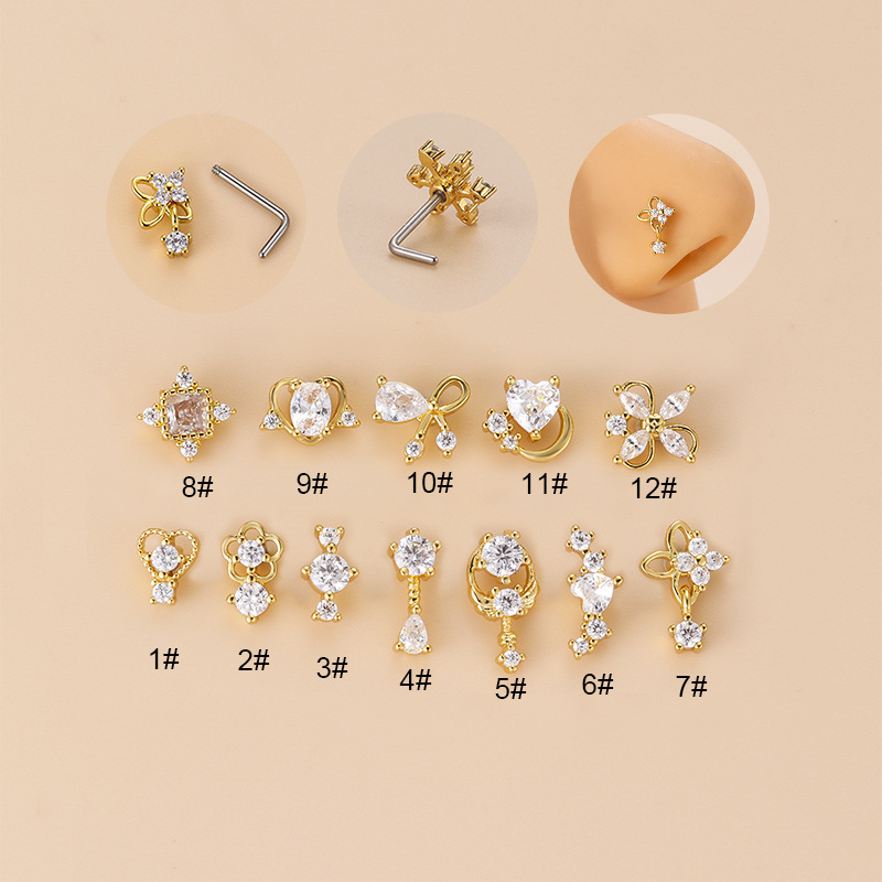 Body Jewelry Ear - 20G L-Shaped Cubic Zircon Nose Stud,
