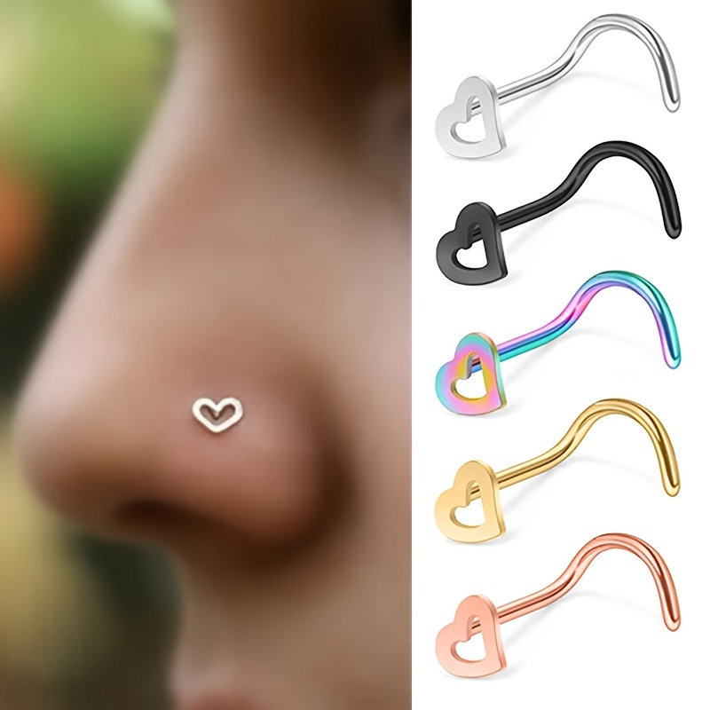 Nostril Screw Pin - 5pcs Hollow Heart Nose Stud Set